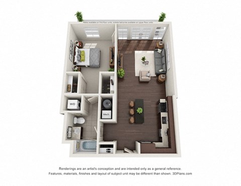 Floor plan for 1 bed, 1 bath, 860 sqft